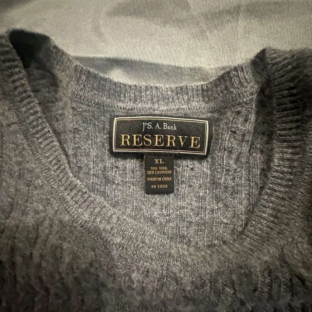 Jos. A. Bank Reserve Cable Knit Sweater Wool Cashmere Gray Mens XL Pullover